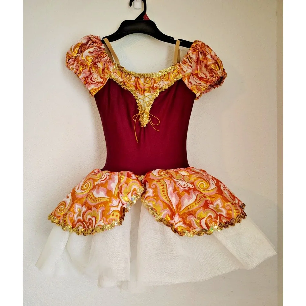 Revolution Dancewear Wine Gold Ivory Broque Ballet Dance Costume Child's XL